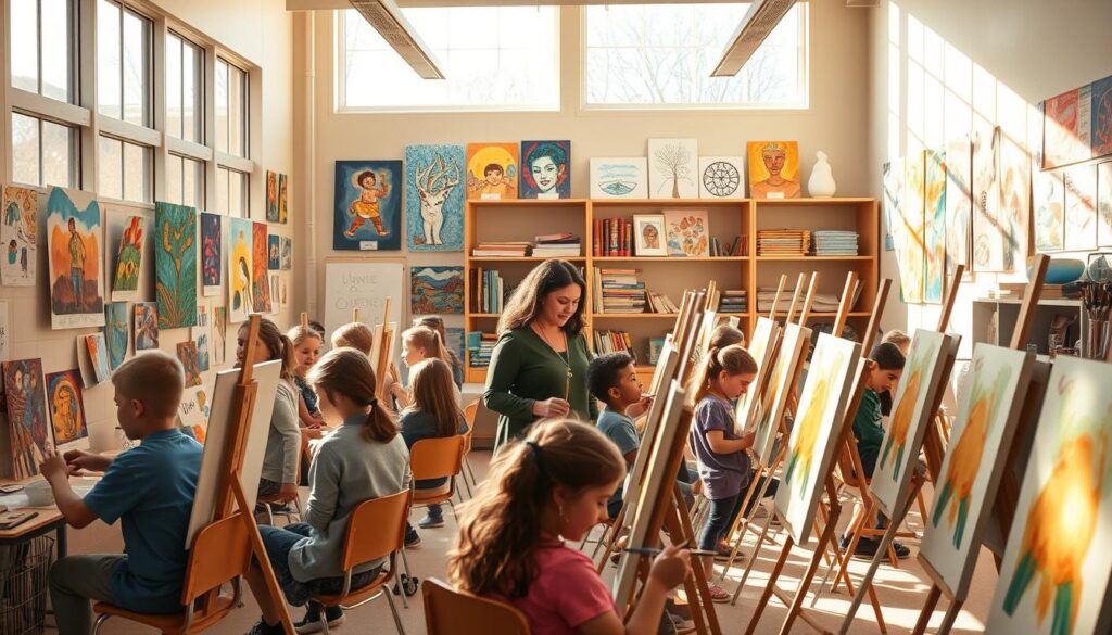 A bustling art classroom, flooded with warm natural light streaming through large windows. On the walls, vibrant student artworks in a variety of media - acrylic paintings, intricate sketches, colorful collages. In the foreground, a group of students seated at easels, intently focused on their canvas, brushes in hand. The teacher, a guiding presence, moves among them, offering gentle feedback and encouragement. The room has an atmosphere of creativity, learning, and artistic exploration. Shelves along the back wall are filled with art supplies - paints, pencils, sculpting tools. The overall scene conveys the joy and importance of visual arts education in schools.