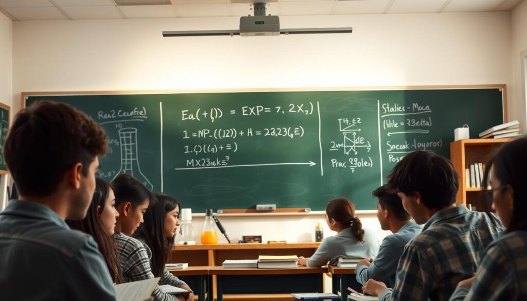 A classroom scene with a chalkboard displaying a mathematical equation or statistical model, surrounded by scientific equipment and textbooks. The lighting is soft and natural, creating a thoughtful, academic atmosphere. In the foreground, a group of students intently examining the problem, their expressions focused and engaged. The overall composition conveys a sense of intellectual discovery and the rigor of validating assessment criteria.
