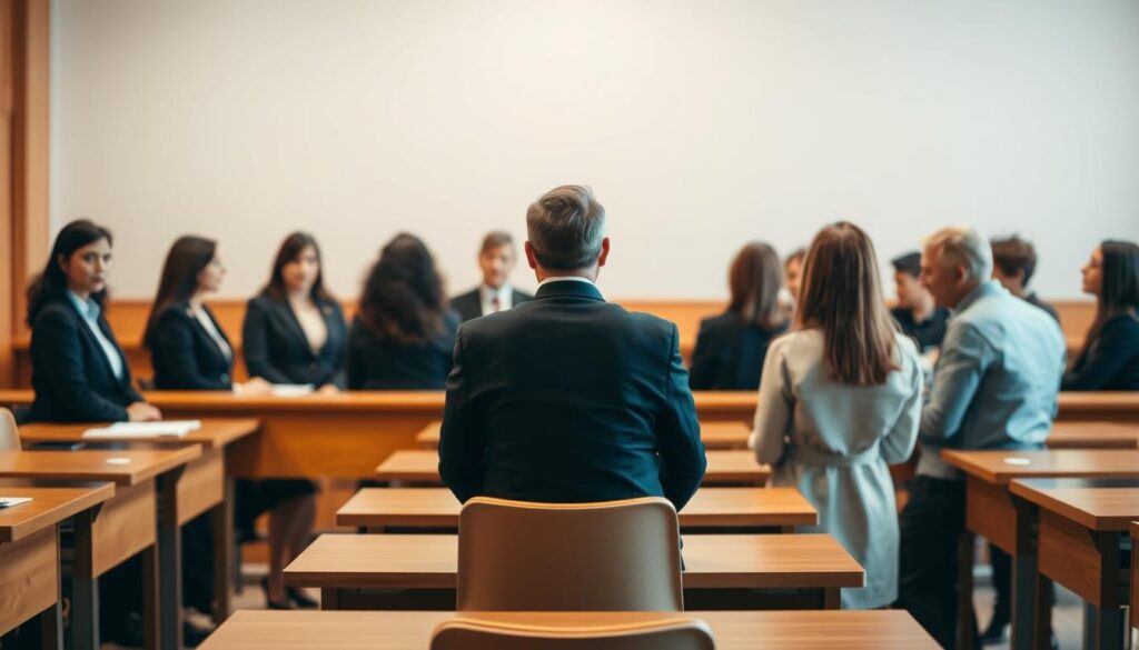 A classroom setting with a panel of interviewers seated at a long table, facing a group of applicants standing before them. The applicants are dressed formally, with serious expressions, as they await their turn to be evaluated. Warm, natural lighting illuminates the scene, creating a sense of professionalism and gravity. The background is blurred, drawing the viewer's attention to the central focus of the selection process. The composition is balanced, with the panel and applicants arranged in a symmetrical layout, emphasizing the formality and structure of the selection procedure.