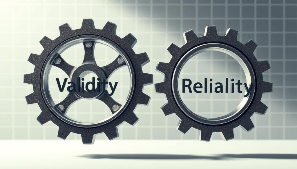 A detailed, high-resolution illustration showcasing the relationship between validity and reliability. In the foreground, two interlocking gears represent the interconnected nature of these two essential psychometric properties. The gears are made of sturdy, metallic materials, symbolizing the robustness and precision required for effective test design. In the middle ground, a geometric grid pattern forms the backdrop, alluding to the systematic and structured approach necessary for establishing valid and reliable assessments. The lighting is soft and diffused, creating a contemplative, academic atmosphere. The composition is balanced and symmetrical, conveying a sense of harmony and equilibrium between the key concepts. The overall tone is one of thoughtful analysis and methodical evaluation.