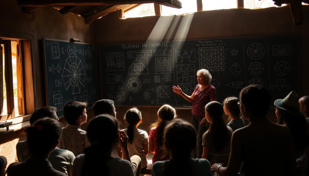 A dimly lit rural classroom, with students gathered around a chalkboard covered in intricate geometric patterns and symbols. The teacher, an elder from the local indigenous community, gestures animatedly as they explain the hidden mathematical principles embedded in traditional weaving, pottery, and architectural designs. Sunlight filters in through the windows, casting warm hues and deep shadows across the scene. The atmosphere is one of curiosity, reverence, and a profound connection between ancient wisdom and modern understanding.