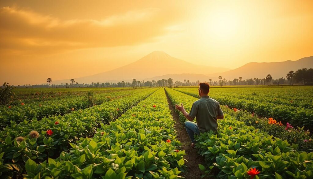 A lush, verdant field under a warm, golden-hued sky. In the foreground, a figure kneels amidst rows of vibrant, thriving crops, their hands extended, emanating a serene, ethereal energy. The middle ground showcases a diverse array of indigenous plants and flowers, their leaves and petals swaying gently in a light breeze. In the background, a majestic, snow-capped mountain range rises, its peaks bathed in a soft, diffused light. The scene exudes a sense of harmony, innovation, and a deep connection to the natural world, reflecting the pioneering spirit of Rayyan Arkan's aura farming in Indonesia.
