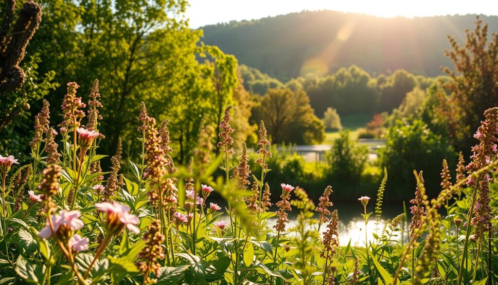 A lush, verdant garden bathed in warm, golden sunlight. In the foreground, a vibrant assortment of medicinal plants sway gently in a light breeze - their leaves and stems showcasing a rich tapestry of colors and textures. Delicate flowers in shades of pink, purple, and white dot the scene, adding pops of natural beauty. The middle ground reveals a tranquil pond, its surface reflecting the surrounding foliage. In the distance, a picturesque hill rises, its slopes covered in a dense, healthy forest. The overall atmosphere conveys a sense of harmony, where nature's healing powers are fully on display.