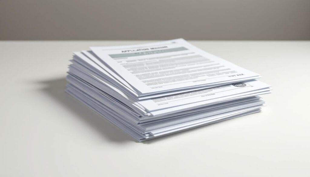 A neatly organized stack of important-looking documents, including application forms, transcripts, and official stamps, resting on a clean, minimalist desk. The lighting is soft and even, creating a professional, administrative atmosphere. The composition emphasizes the formality and detail-oriented nature of the administrative requirements for a scholarship application, hinting at the meticulous process applicants must navigate. The scene is captured from a slightly elevated angle, giving a sense of authority and importance to the materials. An air of seriousness and focus pervades the image, reflecting the gravity of the scholarship application process.