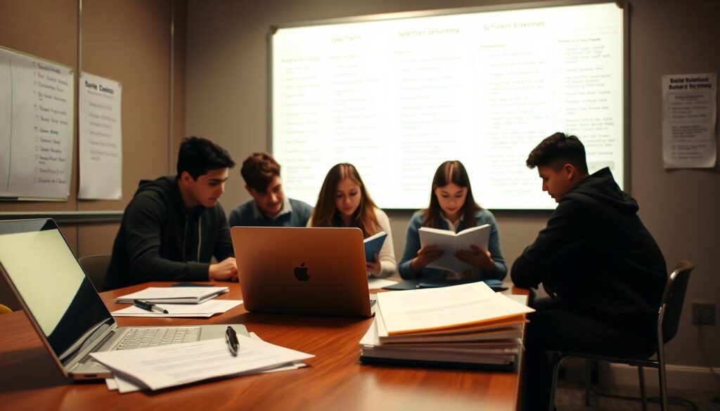 A serene academic setting, with a wooden desk in the foreground adorned with a laptop, pen, and stack of documents. In the middle ground, a group of students earnestly reviewing paperwork, their expressions focused as they navigate the selection process. The background features a wall-mounted whiteboard filled with detailed instructions and checklists, casting a warm, fluorescent glow over the scene. The overall atmosphere conveys a sense of diligence, attention to detail, and the gravity of the scholarship selection journey.