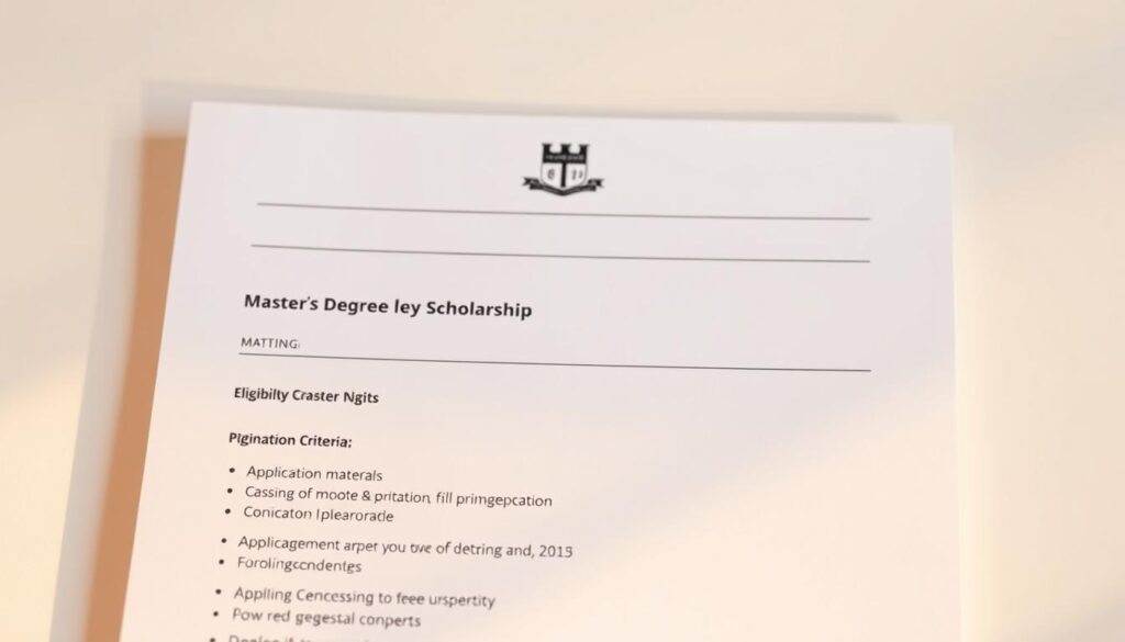 A sleek, professional-looking document displaying the key requirements for a master's degree scholarship. In the foreground, a neat list of eligibility criteria, application materials, and deadlines, presented in a clean, minimalist design. The middle ground features a modern, stylized university crest or logo, conveying the academic prestige of the scholarship program. The background is a soft, neutral tone, creating a sense of focus and clarity. Warm, directional lighting casts subtle shadows, adding depth and a sense of quality. The overall mood is one of authority, clarity, and attention to detail, reflecting the serious nature of the scholarship application process.