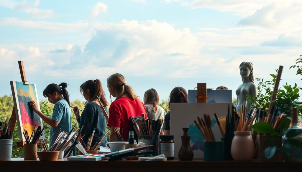 A vibrant and contemplative scene of artistic education, showcasing the essence of visual arts. In the foreground, a group of students engrossed in their creative pursuits, brushes in hand, bringing life to canvases with bold strokes and vibrant hues. The middle ground features an array of art supplies, ranging from paints and palettes to sculpting tools, reflecting the diverse mediums explored in this realm. In the background, a tranquil setting with natural elements, such as lush greenery and a serene sky, creates a calming atmosphere conducive to artistic exploration and self-expression. Soft, diffused lighting illuminates the scene, highlighting the concentration and passion of the students as they delve into the philosophies and techniques of visual arts.