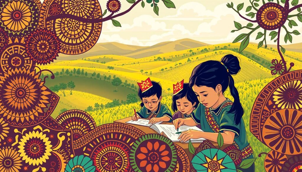 A vibrant illustration of "etnomatematika kurikulum" showcasing the integration of local cultural elements into the curriculum. In the foreground, intricate traditional patterns and motifs weave together, representing the diverse mathematical concepts embedded in indigenous knowledge. The middle ground features students engaged in hands-on learning activities, their faces alight with curiosity as they explore the connections between their cultural heritage and the mathematical principles they are studying. In the background, a lush, verdant landscape with rolling hills and a clear sky sets the scene, evoking a sense of harmony and balance between traditional and modern educational approaches. The lighting is warm and natural, creating a inviting and inspiring atmosphere that captures the essence of this important intersection of culture and curriculum.