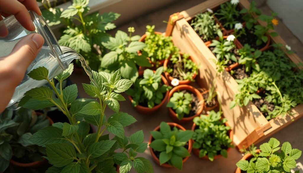 A well-lit, overhead shot of a lush home garden filled with various medicinal plants and herbs. In the foreground, a hand gently waters a thriving, leafy plant, its stems and leaves glistening. The middle ground features a diverse array of potted plants in terracotta pots, their vibrant greens and splashes of color creating a welcoming, natural ambiance. In the background, a simple wooden planter box holds additional medicinal herbs, their delicate flowers adding pops of color. Warm, natural lighting bathes the scene, highlighting the texture and detail of the plants. The overall composition conveys a sense of tranquility, care, and the joy of cultivating a home-grown medicinal garden.