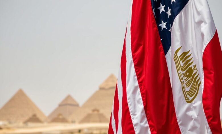 Bendera Amerika Serikat dan Mesir berdampingan dengan latar belakang piramida, melambangkan Hubungan Strategis Mesir-AS