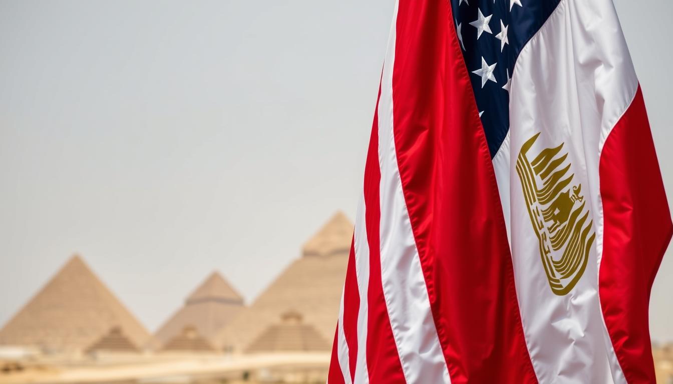 Bendera Amerika Serikat dan Mesir berdampingan dengan latar belakang piramida, melambangkan Hubungan Strategis Mesir-AS