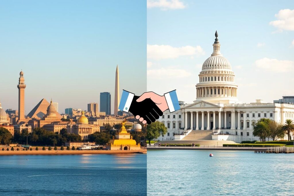 Kairo dan Washington DC dengan simbol diplomatik, mewakili masa depan Hubungan Strategis Mesir-AS