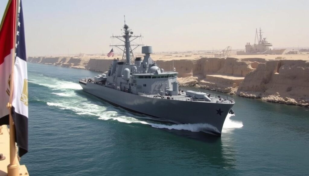 Kapal perang AS melewati Terusan Suez, menunjukkan pentingnya jalur strategis ini dalam Hubungan Strategis Mesir-AS