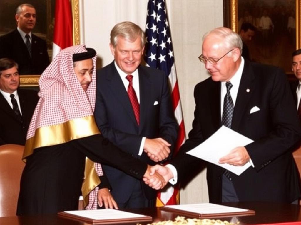 Presiden Anwar Sadat, Jimmy Carter, dan Perdana Menteri Israel Menachem Begin dalam Perjanjian Camp David 1979, momen penting dalam Hubungan Strategis Mesir-AS
