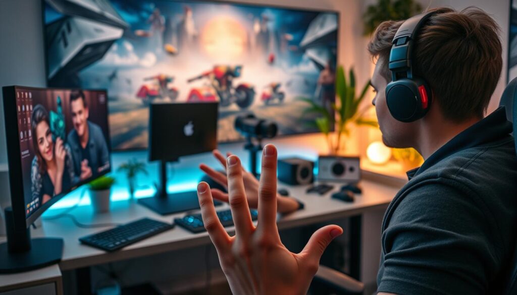 A cozy, well-lit streaming setup with a professional-looking desk, high-quality camera, and modern gaming equipment. In the foreground, a person's hands gesticulate as they engage with the audience, their face partially visible. Behind them, a visually striking backdrop featuring gaming-themed artwork, plants, and soft mood lighting. The overall scene conveys a sense of energy, creativity, and financial opportunity associated with successful game streaming.