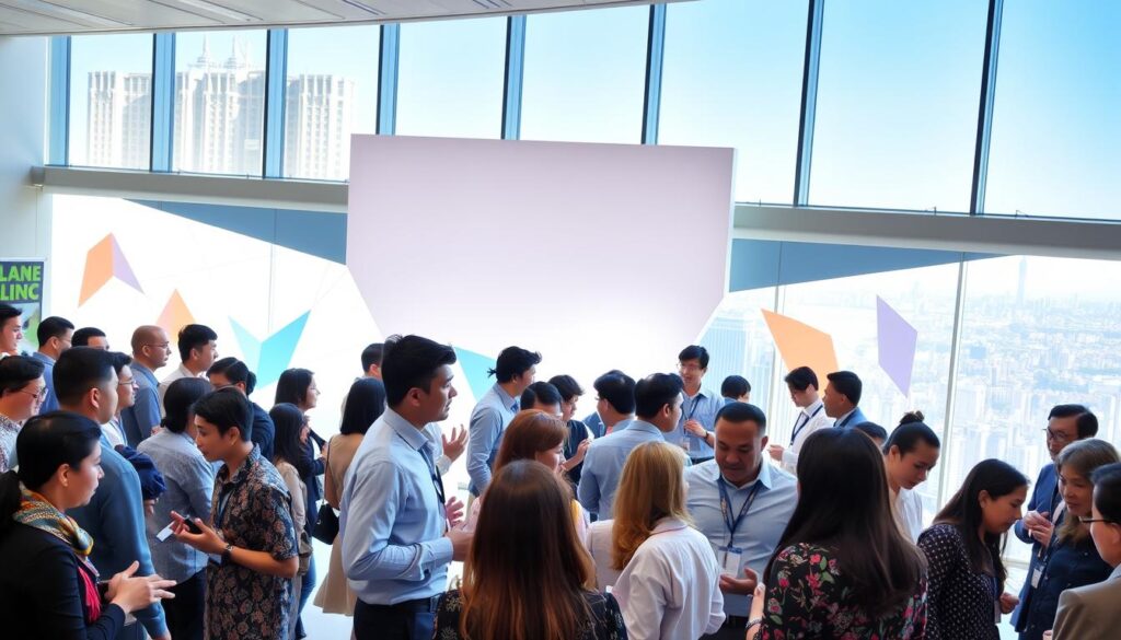 A diverse group of people from various cultural backgrounds are gathered in a brightly lit, contemporary networking event space. In the foreground, individuals are engaged in lively conversations, gesturing animatedly as they exchange ideas and connect. The middle ground features a sleek, minimalist design with stylized geometric shapes and patterns, creating a visually striking backdrop. In the background, large windows offer a panoramic view of a bustling city skyline, symbolizing the global nature of the networking event. The scene conveys a sense of open, inclusive, and dynamic interaction, reflecting the "Pendekatan Multikultural dalam Networking" theme.