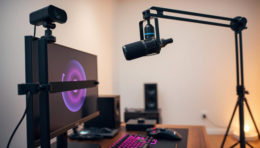 A professional home streaming setup with high-quality camera, microphone, and lighting. The foreground features a streamer's desk with a modern, sleek PC setup, including a top-of-the-line gaming monitor, RGB keyboard, and a top-tier webcam mounted on an adjustable arm. In the middle ground, a professional-grade microphone on a sturdy boom arm captures clear, crisp audio. The background showcases a well-lit, minimalist studio space with soft, even lighting that creates a warm, inviting atmosphere. The entire scene conveys a sense of technical sophistication and production value, ideal for high-quality game streaming.