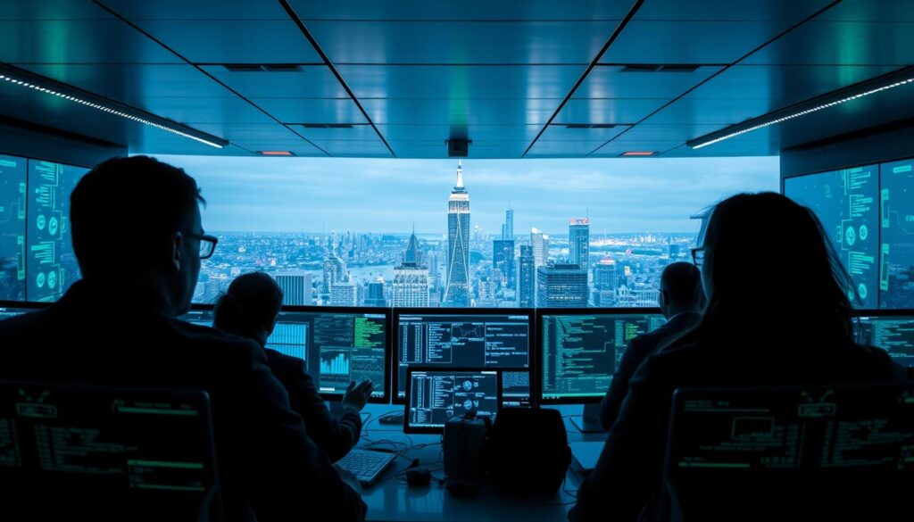 A sleek, modern cybersecurity control center with a panoramic view of a cityscape in the background. The foreground features a team of analysts monitoring a matrix of digital displays, their faces illuminated by the glow of screens. Subtle blue and green hues create a sophisticated, high-tech atmosphere. Advanced security protocols and data visualizations are visible, conveying the importance of their work in protecting digital infrastructure. The scene exudes a sense of diligence, expertise, and the vital role of cyber defense specialists in the ever-evolving digital landscape.