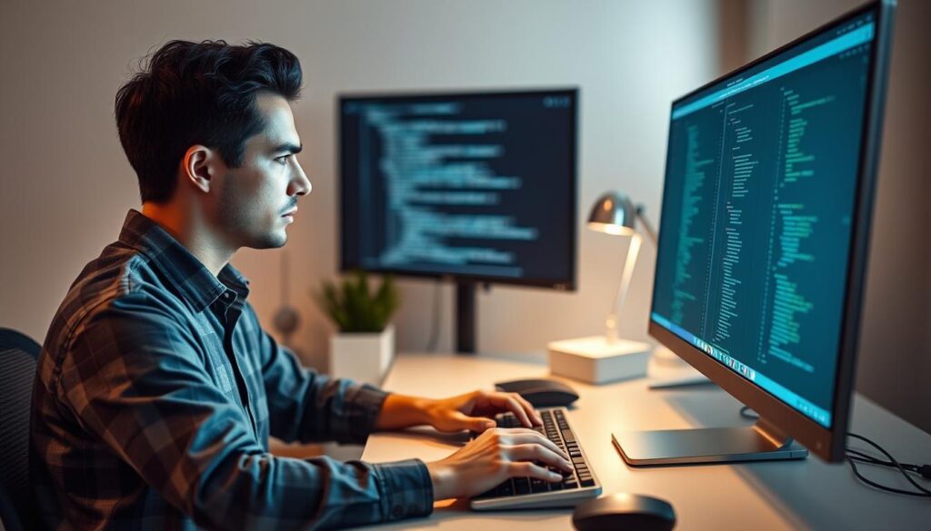A software developer working diligently at their desk, surrounded by a modern and minimalist office setting. The developer is intently focused on their computer screen, hands typing away on a sleek mechanical keyboard. Soft, indirect lighting illuminates the scene, creating a calm and productive atmosphere. In the background, there are subtle hints of technology - perhaps a stylized monitor or a glimpse of code on the screen. The overall composition conveys a sense of professionalism, expertise, and the dedicated nature of the software development craft.