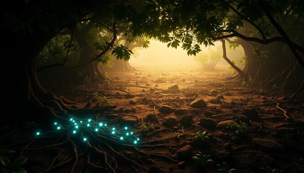 A vast and intricate underground network of roots, tendrils, and rhizomes sprawls across a lush, verdant landscape. The dense foliage above casts a warm, filtered light, casting dynamic shadows that dance across the soil. In the foreground, a cluster of vibrant, pulsating nodes emit a subtle bioluminescent glow, hinting at the hidden, unseen energies coursing through the earth. The middle ground reveals a complex web of interconnected pathways, twisting and converging, suggesting a dynamic, self-organizing system. In the distance, the scene fades into a hazy, atmospheric depth, conveying a sense of the scale and interconnectedness of this subterranean realm. The overall mood is one of organic vitality, mysterious power, and the hidden dynamics that govern the natural world. A vast and intricate underground network of roots, tendrils, and rhizomes sprawls across a lush, verdant landscape. The dense foliage above casts a warm, filtered light, casting dynamic shadows that dance across the soil. In the foreground, a cluster of vibrant, pulsating nodes emit a subtle bioluminescent glow, hinting at the hidden, unseen energies coursing through the earth. The middle ground reveals a complex web of interconnected pathways, twisting and converging, suggesting a dynamic, self-organizing system. In the distance, the scene fades into a hazy, atmospheric depth, conveying a sense of the scale and interconnectedness of this subterranean realm. The overall mood is one of organic vitality, mysterious power, and the hidden dynamics that govern the natural world.
