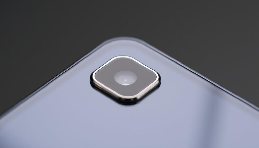 A close-up view of a modern smartphone's notch or punch-hole camera cutout, showcasing its compact and discreet design. The notch is prominently featured, bathed in soft, directional lighting that highlights its sleek, metallic edges and the surrounding display panel. The image has a clean, minimalist aesthetic, emphasizing the notch's seamless integration into the overall device design. The background is blurred, placing the focus entirely on the technological innovation at the heart of contemporary mobile displays.