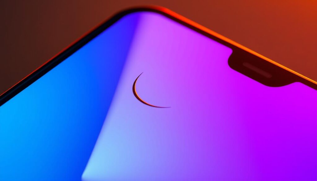 A close-up view of a smartphone display with a distinctive "nacho notch" design, a creative solution to the intrusion of camera cutouts on the screen. The notch is shaped like a stylized crescent moon, seamlessly integrated into the sleek, minimal bezel. The display shows a vibrant, high-contrast interface with a clean, modern aesthetic. Warm, directional lighting highlights the depth and nuance of the notch's form, creating a sense of depth and dimensionality. The overall composition emphasizes the innovative design of the "nacho notch" as an alternative to traditional camera cutouts, showcasing its elegant and functional integration into the display.