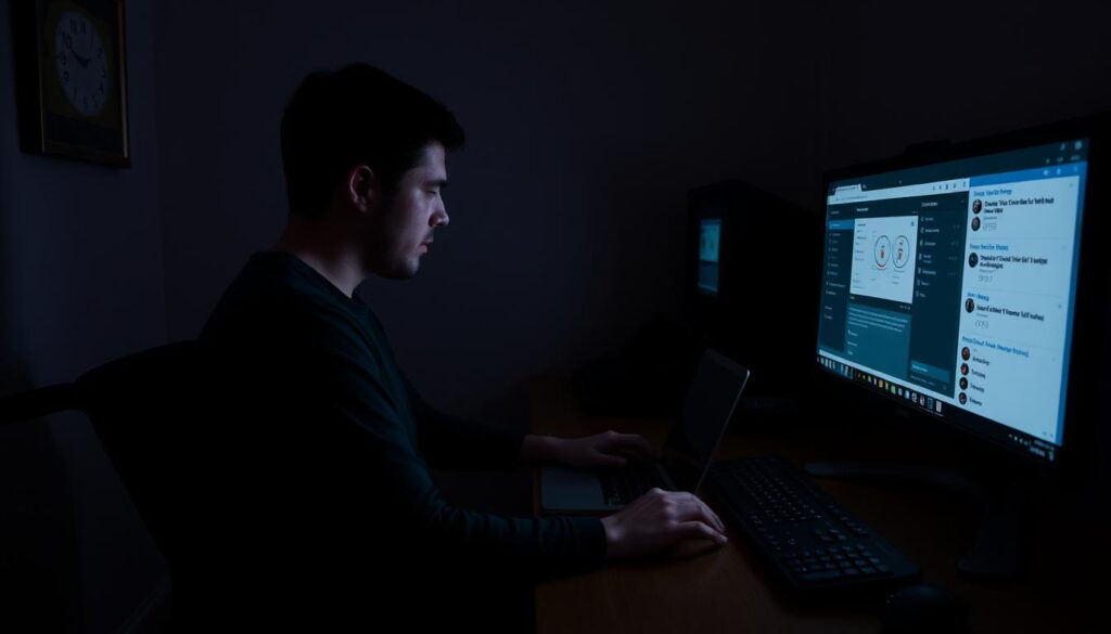 A dimly-lit room with a person sitting at a desk, using a laptop. The room is filled with accessibility aids such as a braille display, a large monitor with high-contrast settings, and a specialized keyboard. The person's face is partially obscured, but their hands are visible, interacting with the adaptive technology. The overall atmosphere conveys a sense of problem-solving and empowerment, with a focus on how technology can enhance accessibility for those with disabilities. Soft, warm lighting casts a gentle glow, creating a serene and thoughtful environment.