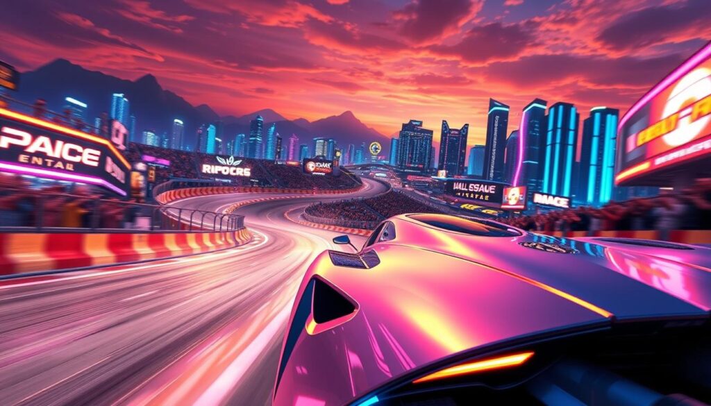 A dynamic racing scene depicting a sleek, futuristic car zooming through a vibrant, stylized city landscape. In the foreground, the car, with smooth lines and a glossy finish, showcases intricate details like aerodynamic features and glowing accents. The middle ground features a winding urban racetrack with vibrant neon signage and cheering crowds, emphasizing the game's competitive spirit. The background showcases a dramatic sunset, casting warm hues of orange and pink across the sky, merging with cool blues of the city lights. The atmosphere is electric, celebrating the thrill of high-speed racing in a mobile gaming context. The image is captured from a low angle, accentuating the car's speed and power, with soft focus on the crowd to create depth. A dynamic racing scene depicting a sleek, futuristic car zooming through a vibrant, stylized city landscape. In the foreground, the car, with smooth lines and a glossy finish, showcases intricate details like aerodynamic features and glowing accents. The middle ground features a winding urban racetrack with vibrant neon signage and cheering crowds, emphasizing the game's competitive spirit. The background showcases a dramatic sunset, casting warm hues of orange and pink across the sky, merging with cool blues of the city lights. The atmosphere is electric, celebrating the thrill of high-speed racing in a mobile gaming context. The image is captured from a low angle, accentuating the car's speed and power, with soft focus on the crowd to create depth.