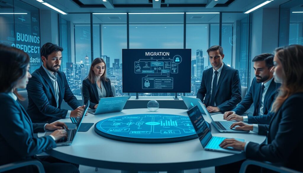 A futuristic office environment depicting a diverse team of professionals engaged in a collaborative discussion about quantum-resistant cryptography migration. In the foreground, a central round table with laptops displaying cryptographic algorithms and diagrams. The middle ground features a large digital screen showing a flowchart of migration steps, illuminated with blue and green hues. In the background, glass windows reveal a skyline of a modern city, symbolizing progress and innovation. Soft, ambient lighting creates a focused atmosphere, while a panoramic view of technological elements and abstract data visuals enhances the theme. The professionals, dressed in smart business attire, exhibit focused expressions, embodying a mood of determination and innovation in the face of technological challenges.