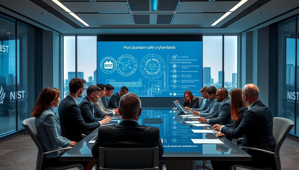 A modern conference room filled with professional individuals discussing post-quantum cryptography standards. In the foreground, a diverse group of business professionals, dressed in formal attire, are gathered around a sleek conference table, examining documents and digital devices. The middle ground features a large digital screen displaying intricate diagrams of quantum-safe algorithms and NIST logos, symbolizing the global standardization process. The background showcases large windows with a city skyline, suggesting advancement and innovation. Soft ambient lighting accentuates the sleek, contemporary aesthetics of the space, creating an atmosphere of collaboration and forward-thinking. The angle is slightly elevated, giving a comprehensive view of the engaged professionals and the high-tech environment.