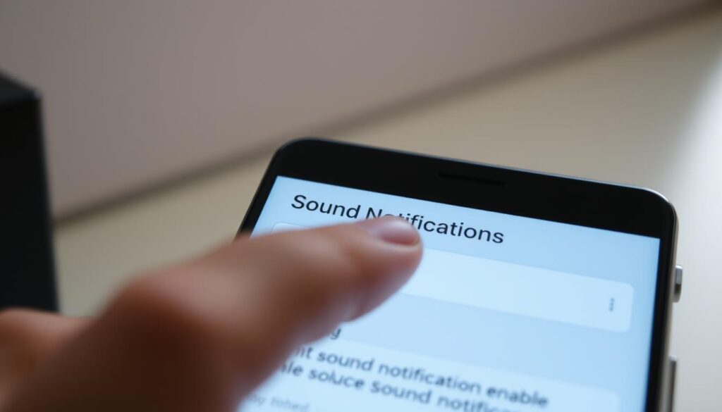 A modern smartphone display with an Android home screen, showing the device's settings menu and the "Sound Notifications" feature. In the foreground, a close-up view of a finger tapping on the toggle switch to enable the sound notifications. The screen is illuminated by soft, indirect lighting, creating a clean and minimalistic atmosphere. The background is blurred, emphasizing the focus on the specific action being performed. The overall composition conveys a sense of simplicity and ease of use, reflecting the instructional nature of the content.