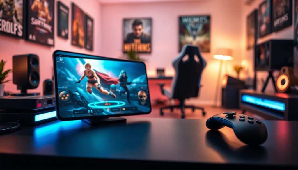 A sleek iOS gaming device showcased prominently in the foreground, featuring a vibrant display and gaming controls, designed for high-performance gaming at 120 fps. The device sits atop a stylish, modern gaming desk adorned with RGB lighting, hinting at a gamer’s paradise. In the middle ground, an elegant, minimalist setup can be seen, with gaming accessories such as high-quality headphones and a stylish gaming chair, all bathed in gentle, warm lighting to create an inviting atmosphere. The background features a soft-focus view of a cozy room environment, showcasing game posters and subtle ambient lighting to enhance the gaming vibe. The overall mood is dynamic yet sophisticated, emphasizing the cutting-edge technology of the device and its suitability for immersive gaming experiences. A sleek iOS gaming device showcased prominently in the foreground, featuring a vibrant display and gaming controls, designed for high-performance gaming at 120 fps. The device sits atop a stylish, modern gaming desk adorned with RGB lighting, hinting at a gamer’s paradise. In the middle ground, an elegant, minimalist setup can be seen, with gaming accessories such as high-quality headphones and a stylish gaming chair, all bathed in gentle, warm lighting to create an inviting atmosphere. The background features a soft-focus view of a cozy room environment, showcasing game posters and subtle ambient lighting to enhance the gaming vibe. The overall mood is dynamic yet sophisticated, emphasizing the cutting-edge technology of the device and its suitability for immersive gaming experiences.