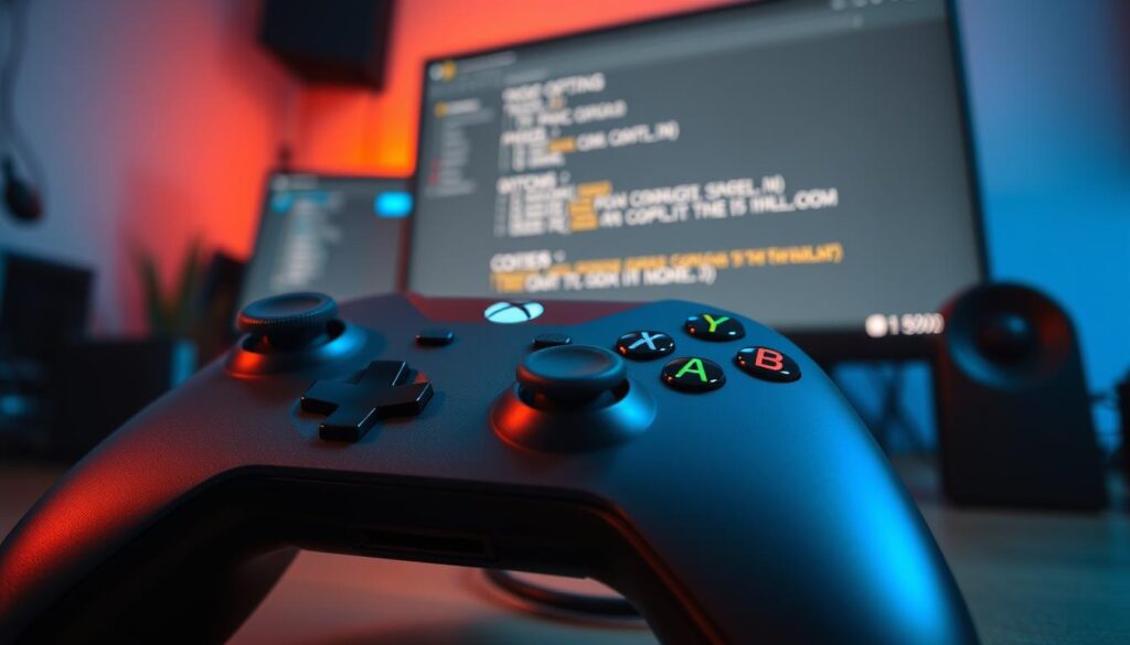 A close-up view of an Xbox controller featuring a prominently displayed share button, highlighted in a sleek and modern style. The foreground showcases the controller with rich details: the matte finish, textured grips, and vibrant colors of the buttons. In the middle, softly blurred elements such as a computer screen displaying Windows settings and a config.ini file, subtly hinting at custom options and automation processes. The background features a softly lit gaming setup, with warm, ambient lighting creating a focused and immersive atmosphere. The perspective is slightly angled to add depth, while the overall mood is technical and professional, conveying innovation and advanced functionality in gaming. No text or overlays present.