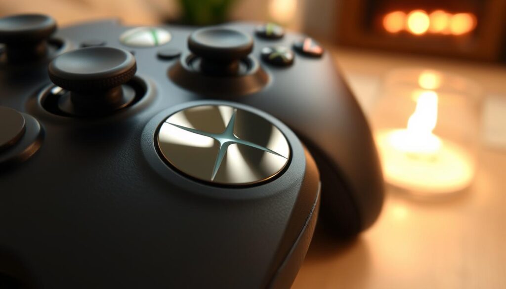 A close-up view of an Xbox controller's share button, prominently displayed in the foreground. The button is sleek and modern, with a shiny, textured surface showing the iconic share symbol clearly. Surrounding the button, the controller in the middle ground has subtle details, such as textured grips and a matte finish, with the color scheme reflecting the classic Xbox aesthetics—black and green. The background features a softly blurred gaming environment, hinting at a cozy gaming setup with warm lighting, creating a relaxed and inviting atmosphere. The overall composition highlights the functionality of the share button, inviting viewers to explore its features in a visually appealing manner.