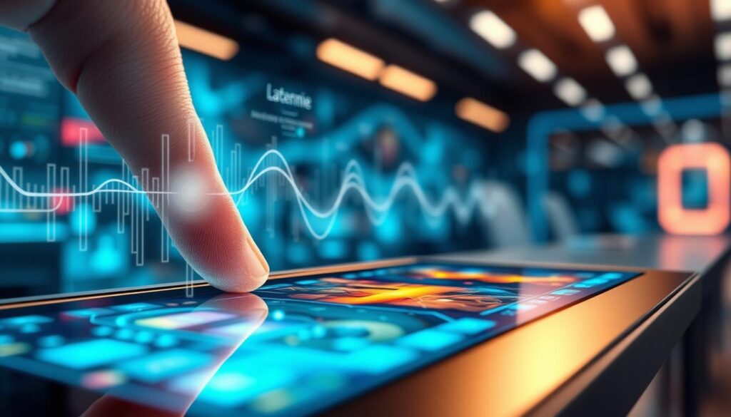 A detailed illustration showcasing the technical factors affecting touchscreen responsiveness. In the foreground, an up-close view of a sleek and modern touchscreen device, highlighting its smooth glass surface with vibrant visuals and a finger gently interacting with it, illustrating touch sensitivity. The middle ground captures an abstract representation of latency, with digital waveforms and data streams visually emanating from the touchscreen, symbolizing quick response times and optimization. The background features a blurred tech environment, resembling a high-tech workspace with subtle glowing elements and a soft blue hue, contributing to a futuristic atmosphere. The lighting is bright and focused, emphasizing the touchscreen while soft gradients create an immersive depth. The overall mood is innovative and professional, ideal for a technical discussion.