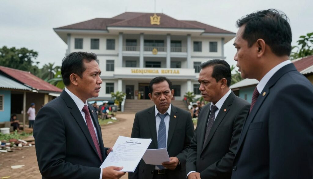 A dramatic scene depicting the concept of corruption among village heads ("kades") in Indonesia, focused on the misappropriation of government aid (BLT). In the foreground, a group of three individuals in professional business attire, appearing concerned and engaged in discussion, symbolize the community's frustrations. One person holds a document, reflecting a report on the issue. The middle ground features an imposing government building, slightly blurred, to indicate bureaucracy. In the background, an impoverished village setting with modest homes and a dirt road conveys the stark contrast of wealth and poverty. The lighting is moody, with shadows emphasizing the seriousness of the topic, while a low-angle shot enhances the sense of urgency. The overall atmosphere should evoke a feeling of tension and urgency about social justice.