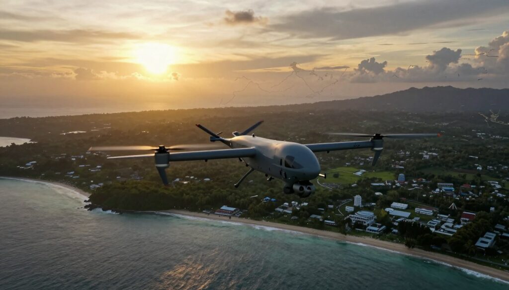 A dramatic scene depicting the geopolitical impact of drone technology. In the foreground, a military drone flies confidently above an Indonesian coastal border area, showcasing its sleek design and advanced features. The middle ground features a densely packed landscape, combining lush green jungles and modern military bases, highlighting Indonesia's strategic position. In the background, silhouettes of neighboring countries' coastlines are faintly visible, representing the ongoing technological rivalry. The scene is illuminated by a dynamic sunset, casting warm golden hues and deep shadows, evoking a sense of urgency and tension. Use a wide-angle lens perspective to capture the vastness of the landscape, emphasizing the balance between nature and military technology. Create an atmosphere of suspense and anticipation, underlining the drone's role in modern geopolitics.