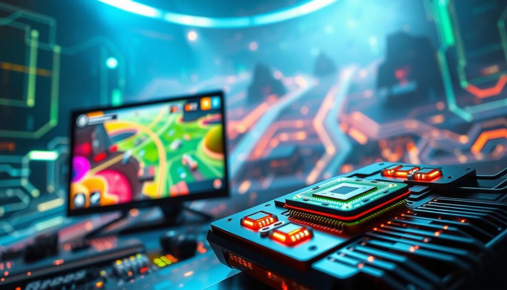 A dynamic and futuristic scene showcasing a high-tech gaming environment with intricate circuits and chips optimized for low touch latency. In the foreground, a glossy, vividly colored gaming monitor displays a vibrant, fast-paced game showing smooth graphics and animations. In the middle ground, a sleek gaming console with illuminated chip components symbolizes advanced technology, surrounded by subtle glowing elements representing optimized data flow. The background features a digital landscape with flowing data streams and abstract circuit designs, emphasizing speed and efficiency. The lighting should be bright and focused, conveying a sense of innovation and excitement, with a slight blue and green tint to enhance the technological atmosphere. The angle should be slightly low to highlight the monitor and console prominently.