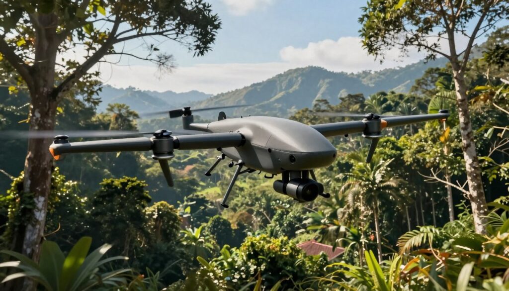 A highly detailed and realistic illustration of a military drone showcasing its durable technology, flying above a dense tropical forest in Indonesia. In the foreground, the drone, equipped with advanced sensors and sturdy wings, glides gracefully against a backdrop of vibrant green foliage and rugged terrain. The sunlight filters through the trees, creating a dappled light effect that accentuates the drone's sleek design. In the middle ground, hints of mountainous landscapes are visible, enhancing the sense of depth. The background features a clear blue sky, suggesting optimal flying conditions. The atmosphere is one of innovation and resilience, highlighting the drone's capabilities in reconnaissance and monitoring missions. The image should be captured from a low angle, emphasizing the drone's importance in military operations without any people present.
