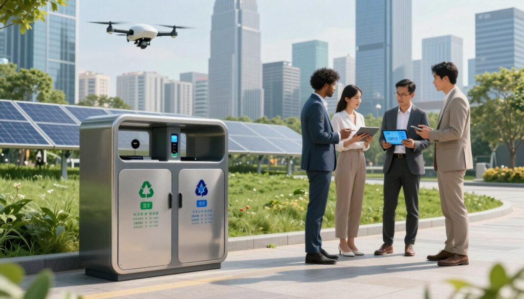 A modern cityscape showcasing a smart waste management system integrated into urban life. In the foreground, a sleek, high-tech recycling bin equipped with sensors and digital displays, indicating the level of waste and providing real-time data. In the middle, diverse professionals, dressed in smart business attire, analyze data on tablets and discuss the waste collection process. The background features a futuristic skyline with green spaces, solar panels, and waste collection drones in the sky. Natural lighting highlights the innovation, creating a vibrant and hopeful atmosphere. The overall mood is one of progress and teamwork, emphasizing the potential of IoT and AI in waste management.