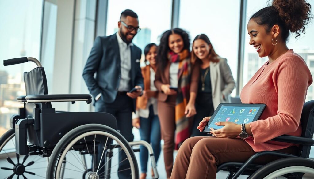 A modern, well-lit office space showcasing various assistive technologies designed for people with disabilities. In the foreground, a sleek, high-tech wheelchair with ergonomic design and smart features. To the right, a user-friendly touchscreen device displaying accessibility apps. In the middle, a diverse group of individuals – one in a professional business suit and another in modest casual attire – interacting with the technology, smiling and engaged. The background features a large window with natural light streaming in, highlighting a cityscape, symbolizing inclusivity and innovation. The overall mood is optimistic and empowering, capturing the essence of technology transforming lives. Focus on a clean composition with vibrant colors and a balanced perspective.