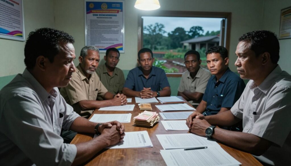 A tense meeting scene in a small village office, showcasing eight village heads (Kades) gathered around a table covered with documents and money envelopes. Foreground features a close-up of a worried village head in modest business attire, showing signs of anxiety. In the middle ground, the other Kades are depicted, some glancing at each other suspiciously, while a stack of money lies prominently on the table, emphasized under a harsh overhead light. The background shows government posters and a window revealing a darkening rural landscape, creating an atmosphere of concern and intrigue. The overall mood is serious and tense, highlighting the gravity of corruption in a community struggling with poverty. The image should have a cinematic feel, captured from a slightly high angle to convey the weight of the situation.