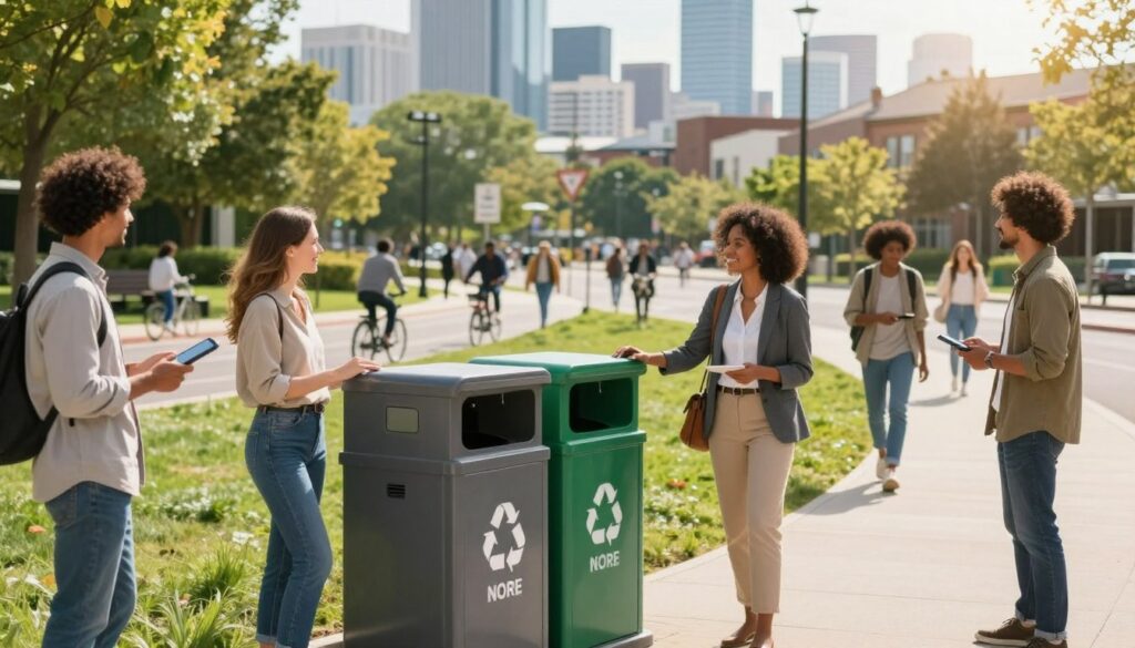 A vibrant urban scene showcasing the positive impact of a smart waste management system on a community. In the foreground, diverse individuals in professional or modest casual outfits are engaging with smart trash bins equipped with IoT technology, smiling as they recycle. The middle ground features an organized, clean neighborhood with greenery and public spaces, where community members are walking, cycling, and enjoying the environment. In the background, a modern city skyline under bright daylight conveys a sense of innovation. The warm sunlight highlights the colors of the scene, creating an uplifting and hopeful atmosphere that emphasizes community collaboration and environmental sustainability. The image captures the essence of progress and harmony in waste management.