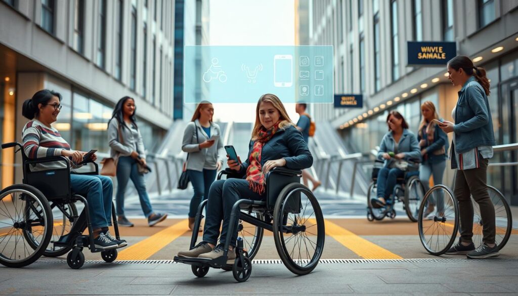 A visually appealing representation of various accessibility technologies designed for people with disabilities. In the foreground, showcase a diverse group of individuals using innovative devices such as an advanced wheelchair, a voice-activated smart home assistant, and wearable technology that enhances mobility. In the middle ground, integrate a touch-screen interface displaying accessibility apps, along with braille materials. The background should feature a modern, accessible urban environment with ramps and clear signage. Use soft, natural lighting to create an inviting atmosphere. Capture the scene from an eye-level angle to emphasize connection and interaction. The overall mood should convey empowerment, inclusivity, and hope, highlighting the transformative impact of technology in everyday life.