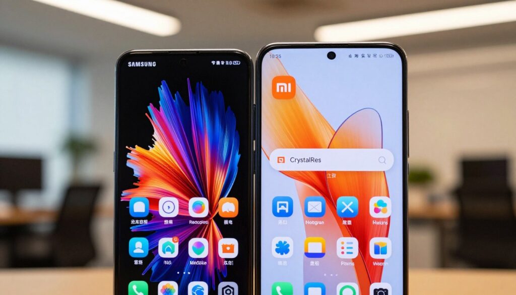 A high-resolution image depicting a side-by-side comparison of two smartphone screens: one showcasing a vibrant Samsung AMOLED display, rich with deep blacks and bright colors, while the other prominently features the Xiaomi CrystalRes display, noted for its clarity and detail. In the foreground, the smartphones are angled slightly towards each other, with vivid app icons and colorful images visible on their screens. The background is a softly blurred modern office environment, with warm lighting creating an inviting atmosphere. Use a macro lens effect to enhance the details of the screens and focus on the sharpness of the display resolutions. The overall mood is professional and informative, ideal for an article on smartphone technology.